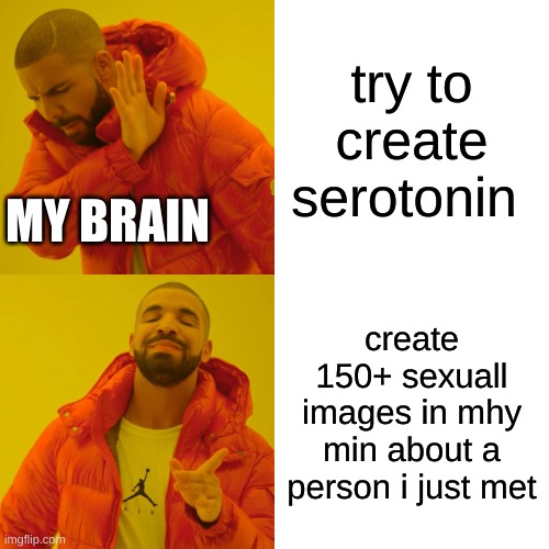 intrusive thougts much? | try to create serotonin; MY BRAIN; create 150+ sexuall images in mhy min about a person i just met | image tagged in memes,drake hotline bling | made w/ Imgflip meme maker