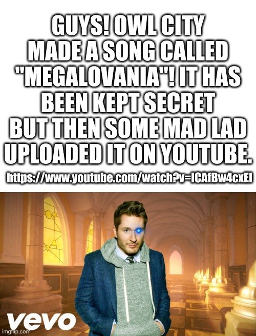 LOOK AT THIS! | GUYS! OWL CITY MADE A SONG CALLED "MEGALOVANIA"! IT HAS BEEN KEPT SECRET BUT THEN SOME MAD LAD UPLOADED IT ON YOUTUBE. https://www.youtube.com/watch?v=ICAfBw4cxEI | image tagged in memes,funny,secrets,megalovania,owl city | made w/ Imgflip meme maker