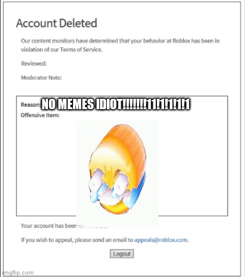 NOOoOoooOOOOOoOoooooO | NO MEMES IDIOT!!!!!!!11!1!1!1!1 | image tagged in banned from roblox,not really,lol,idiot | made w/ Imgflip meme maker