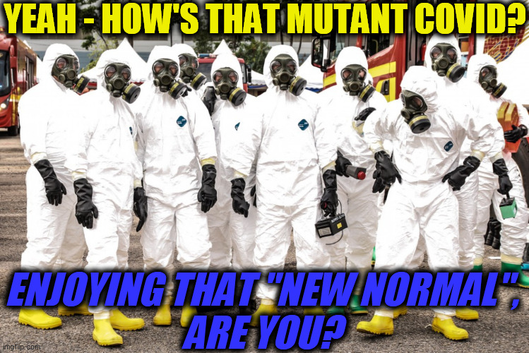 Hazmat suits | YEAH - HOW'S THAT MUTANT COVID? ENJOYING THAT "NEW NORMAL",
ARE YOU? | image tagged in hazmat suits | made w/ Imgflip meme maker