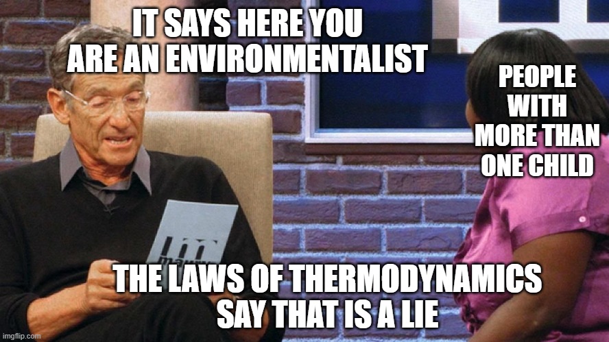 IT SAYS HERE YOU ARE AN ENVIRONMENTALIST; PEOPLE WITH MORE THAN ONE CHILD; THE LAWS OF THERMODYNAMICS SAY THAT IS A LIE | image tagged in memes | made w/ Imgflip meme maker