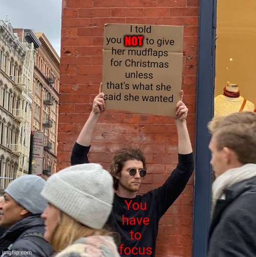 You Were Forewarned And Only Have Yourself To Blame | I told you NOT to give her mudflaps for Christmas unless that's what she said she wanted; NOT; You have to focus | image tagged in memes,guy holding cardboard sign,merry christmas,christmas presents,christmas gifts,instant regret | made w/ Imgflip meme maker