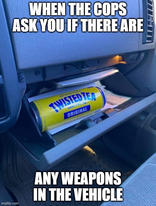 WHEN THE COPS ASK YOU IF THERE ARE; ANY WEAPONS IN THE VEHICLE | image tagged in tea | made w/ Imgflip meme maker