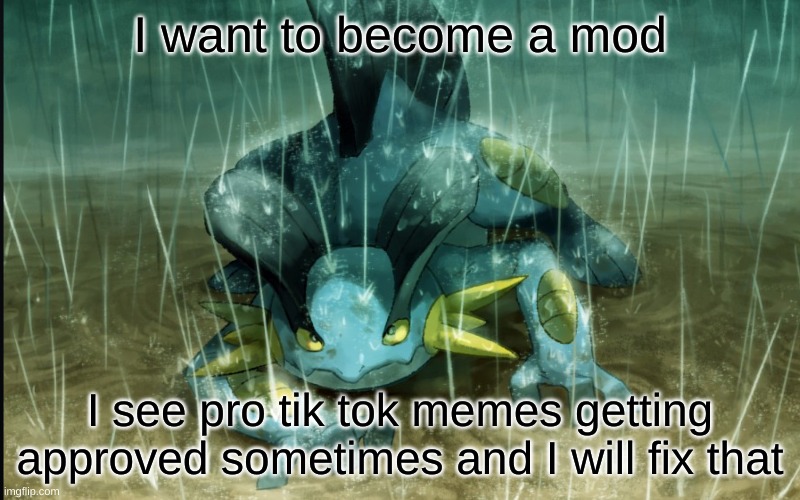 If I see one more pro tik tok meme here approved here, I will leave the stream | I want to become a mod; I see pro tik tok memes getting approved sometimes and I will fix that | image tagged in the best swampert 999 | made w/ Imgflip meme maker