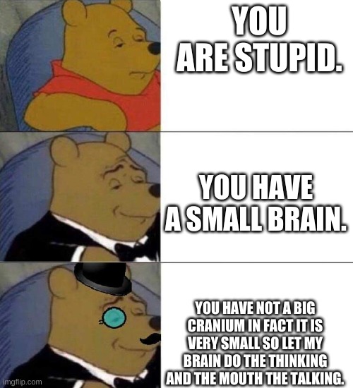 pooh tuxedo 3 panel | YOU ARE STUPID. YOU HAVE A SMALL BRAIN. YOU HAVE NOT A BIG CRANIUM IN FACT IT IS VERY SMALL SO LET MY BRAIN DO THE THINKING AND THE MOUTH THE TALKING. | image tagged in pooh tuxedo 3 panel | made w/ Imgflip meme maker