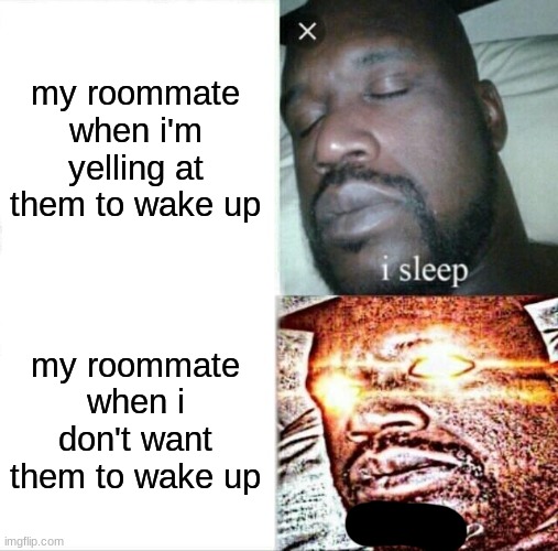Sleeping Shaq | my roommate when i'm yelling at them to wake up; my roommate when i don't want them to wake up | image tagged in memes,sleeping shaq | made w/ Imgflip meme maker