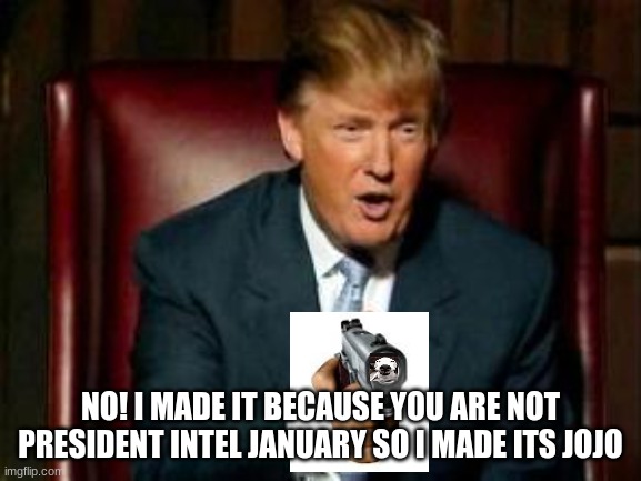 Donald Trump | NO! I MADE IT BECAUSE YOU ARE NOT PRESIDENT INTEL JANUARY SO I MADE ITS JOJO | image tagged in donald trump | made w/ Imgflip meme maker