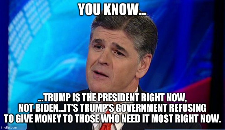 YOU KNOW... ...TRUMP IS THE PRESIDENT RIGHT NOW, NOT BIDEN...IT'S TRUMP'S GOVERNMENT REFUSING TO GIVE MONEY TO THOSE WHO NEED IT MOST RIGHT  | image tagged in overly condescending sean hannity | made w/ Imgflip meme maker