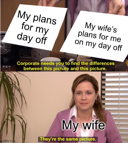 Yes dear | My plans for my day off; My wife’s plans for me on my day off; My wife | image tagged in memes,they're the same picture | made w/ Imgflip meme maker