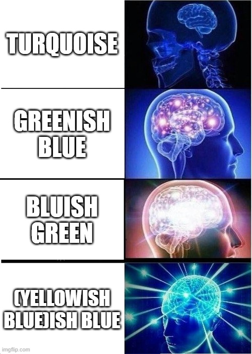 Turquoise | TURQUOISE; GREENISH BLUE; BLUISH GREEN; (YELLOWISH BLUE)ISH BLUE | image tagged in memes,expanding brain,colors | made w/ Imgflip meme maker