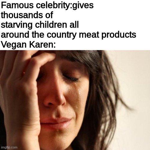 just keep your rants away from twitter, Karen! | Famous celebrity:gives thousands of starving children all around the country meat products
Vegan Karen: | image tagged in memes,first world problems | made w/ Imgflip meme maker