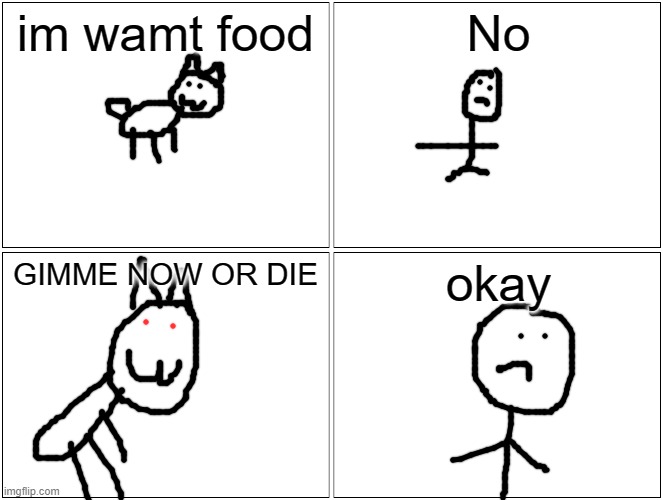 Blank Comic Panel 2x2 Meme |  im wamt food; No; GIMME NOW OR DIE; okay | image tagged in memes,blank comic panel 2x2 | made w/ Imgflip meme maker