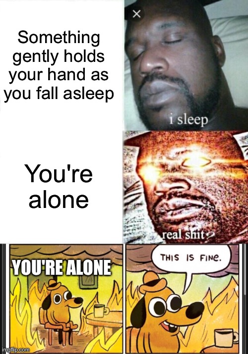Something gently holds your hand as you fall asleep; You're alone; YOU'RE ALONE | image tagged in memes,sleeping shaq,this is fine,crossover memes,ghost boo,cursed | made w/ Imgflip meme maker