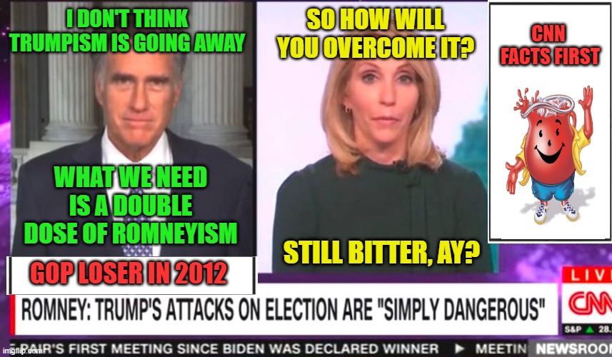 4 out of 5 RINOS Agree With Romney | CNN 
FACTS FIRST; SO HOW WILL YOU OVERCOME IT? I DON'T THINK TRUMPISM IS GOING AWAY; WHAT WE NEED IS A DOUBLE DOSE OF ROMNEYISM; STILL BITTER, AY? GOP LOSER IN 2012 | image tagged in mitt romney,president trump,cnn fake news | made w/ Imgflip meme maker