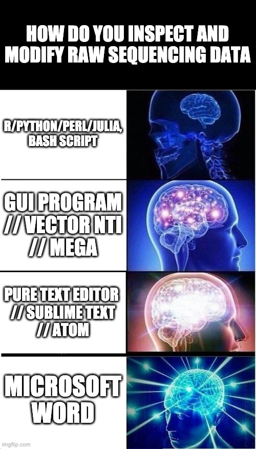 raw seq file - bioinfomatics meme | HOW DO YOU INSPECT AND MODIFY RAW SEQUENCING DATA; R/PYTHON/PERL/JULIA, BASH SCRIPT; GUI PROGRAM
// VECTOR NTI
// MEGA; PURE TEXT EDITOR 
// SUBLIME TEXT
// ATOM; MICROSOFT WORD | image tagged in memes,expanding brain | made w/ Imgflip meme maker