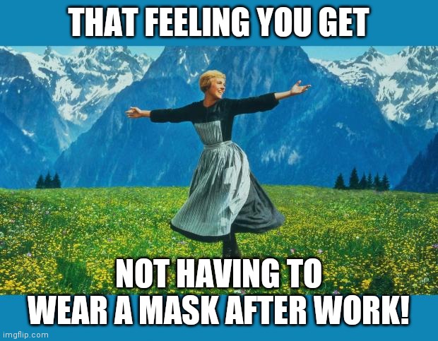 the sound of music happiness | THAT FEELING YOU GET; NOT HAVING TO WEAR A MASK AFTER WORK! | image tagged in the sound of music happiness | made w/ Imgflip meme maker