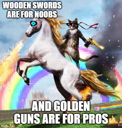 Welcome To The Internets | WOODEN SWORDS ARE FOR NOOBS; AND GOLDEN GUNS ARE FOR PROS | image tagged in memes,welcome to the internets | made w/ Imgflip meme maker