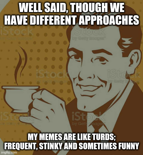 Mug Approval | WELL SAID, THOUGH WE HAVE DIFFERENT APPROACHES; MY MEMES ARE LIKE TURDS; FREQUENT, STINKY AND SOMETIMES FUNNY | image tagged in mug approval | made w/ Imgflip meme maker