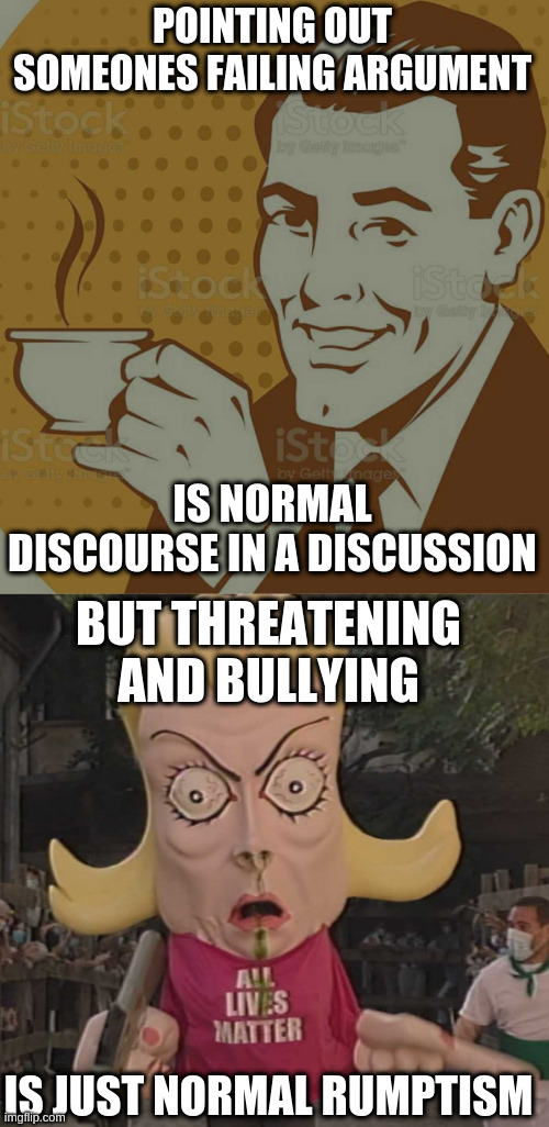 POINTING OUT SOMEONES FAILING ARGUMENT IS NORMAL DISCOURSE IN A DISCUSSION BUT THREATENING AND BULLYING IS JUST NORMAL RUMPTISM | image tagged in mug approval,alm | made w/ Imgflip meme maker