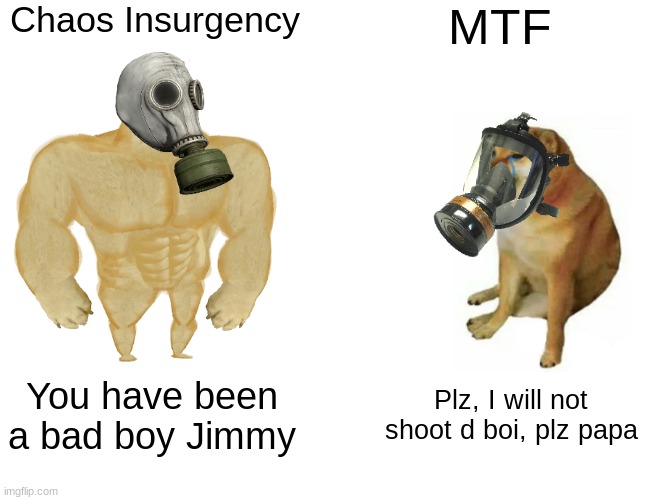 CI vs MTF | Chaos Insurgency; MTF; You have been a bad boy Jimmy; Plz, I will not shoot d boi, plz papa | image tagged in memes,buff doge vs cheems | made w/ Imgflip meme maker