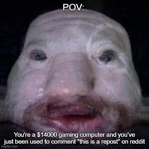 reddit mods | POV:; You're a $14000 gaming computer and you've just been used to comment "this is a repost" on reddit | image tagged in reddit,mod,computer,repost,blob | made w/ Imgflip meme maker