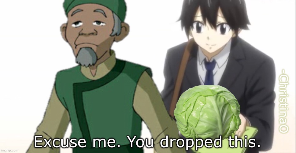 Cabbage man finally getting some respect | -ChristinaO; Excuse me. You dropped this. | image tagged in cabbage,cabbage man,avatar the last airbender,avatar,fairy tail,fairy tail meme | made w/ Imgflip meme maker