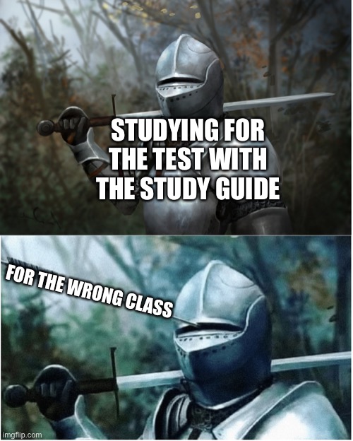Guess I’ll fail. | STUDYING FOR THE TEST WITH THE STUDY GUIDE; FOR THE WRONG CLASS | image tagged in knight with arrow in helmet | made w/ Imgflip meme maker