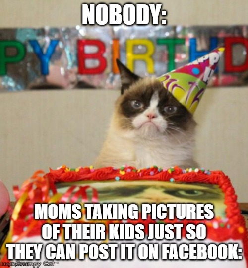 Grumpy Cat Birthday |  NOBODY:; MOMS TAKING PICTURES OF THEIR KIDS JUST SO THEY CAN POST IT ON FACEBOOK: | image tagged in memes,grumpy cat birthday,grumpy cat | made w/ Imgflip meme maker