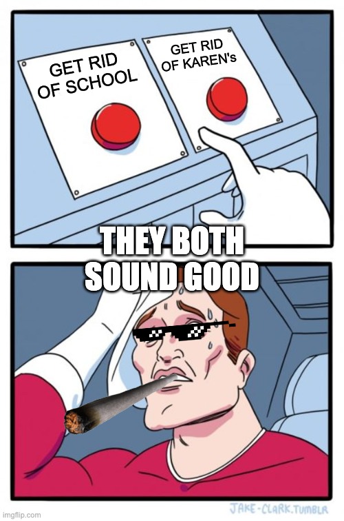 Two Buttons Meme | GET RID OF KAREN's; GET RID OF SCHOOL; THEY BOTH SOUND GOOD | image tagged in memes,two buttons | made w/ Imgflip meme maker