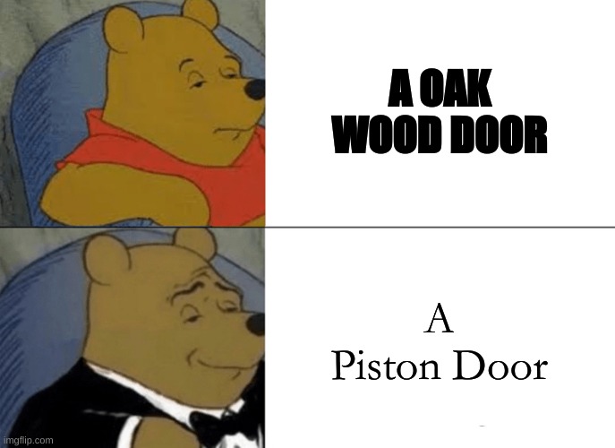 Oak Doors vrs Piston ones | A OAK WOOD DOOR; A Piston Door | image tagged in memes,tuxedo winnie the pooh | made w/ Imgflip meme maker