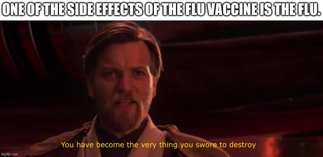 Don't trust the government. | ONE OF THE SIDE EFFECTS OF THE FLU VACCINE IS THE FLU. | image tagged in you have become the very thing you swore to destroy | made w/ Imgflip meme maker