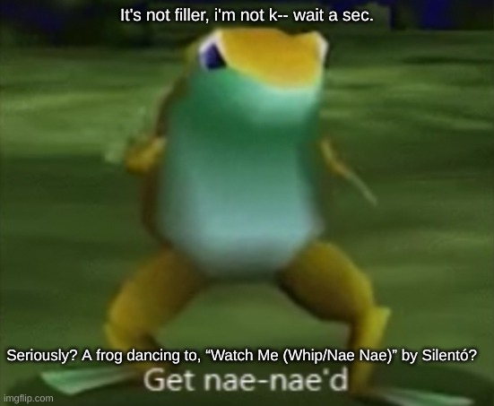 Get Nae-Nae´d | It's not filler, i'm not k-- wait a sec. Seriously? A frog dancing to, “Watch Me (Whip/Nae Nae)” by Silentó? | image tagged in get nae-nae d | made w/ Imgflip meme maker