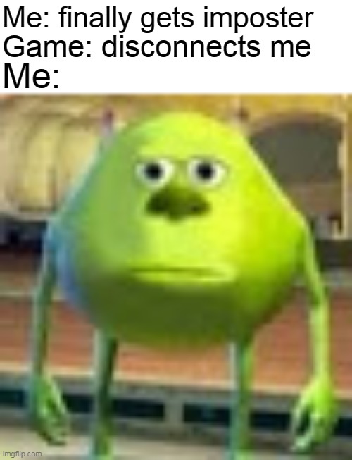 Sully Wazowski | Me: finally gets imposter; Game: disconnects me; Me: | image tagged in sully wazowski,memes,funny,among us,bruh,bruh moment | made w/ Imgflip meme maker