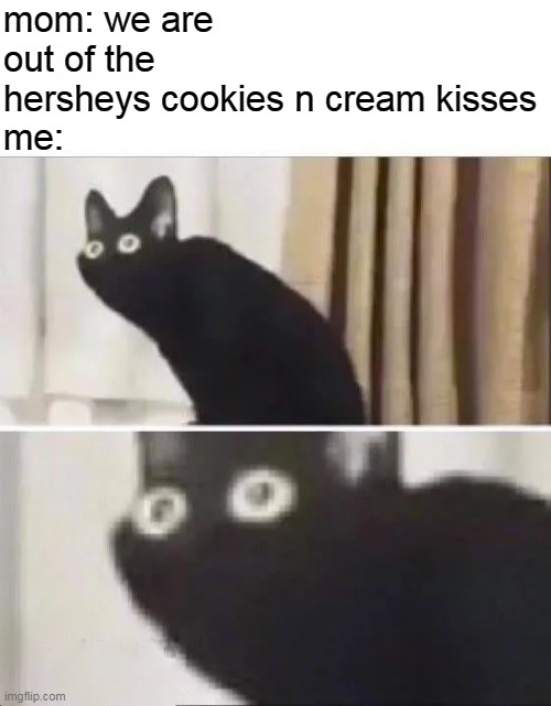 so relatable (for me anyway) | mom: we are out of the hersheys cookies n cream kisses
me: | image tagged in oh no black cat | made w/ Imgflip meme maker