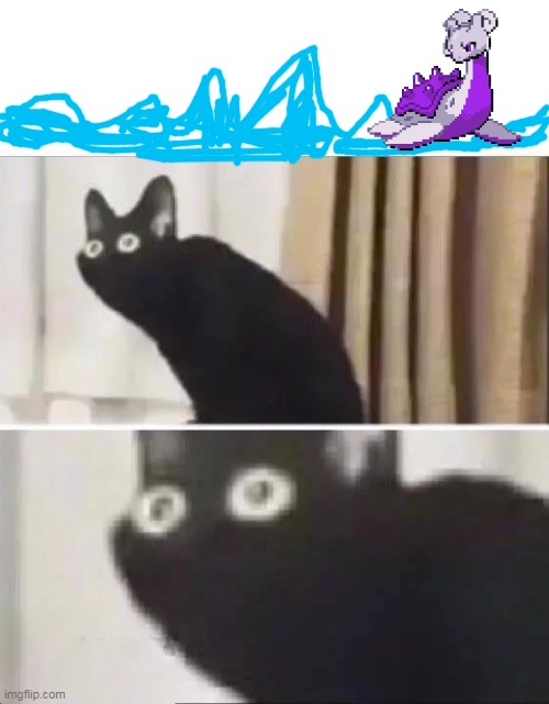 mewlas, laptwo, make up your mind!! its a lapras and a mewtwo mixed together | image tagged in oh no black cat | made w/ Imgflip meme maker