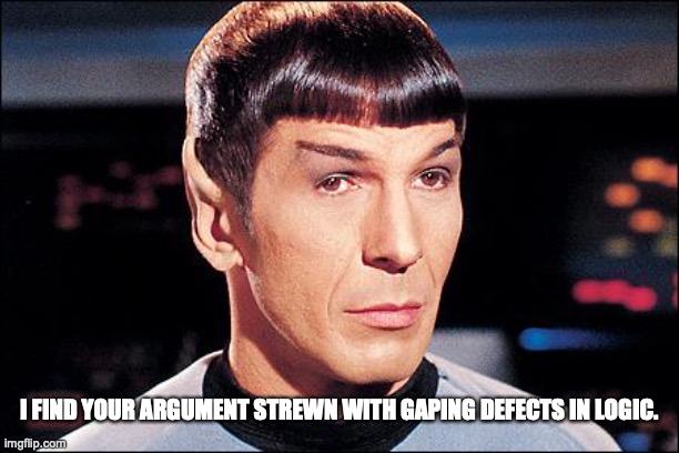 Condescending Spock | I FIND YOUR ARGUMENT STREWN WITH GAPING DEFECTS IN LOGIC. | image tagged in condescending spock | made w/ Imgflip meme maker