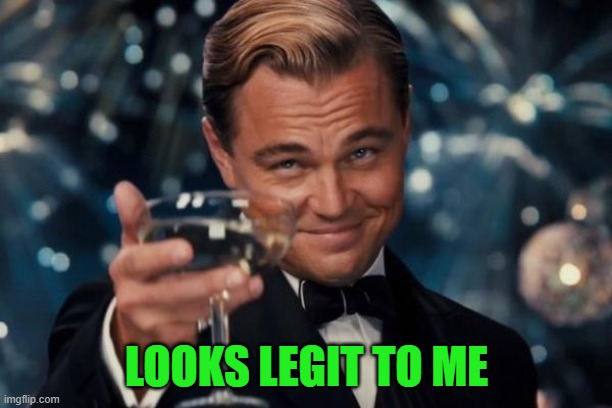 Leonardo Dicaprio Cheers Meme | LOOKS LEGIT TO ME | image tagged in memes,leonardo dicaprio cheers | made w/ Imgflip meme maker