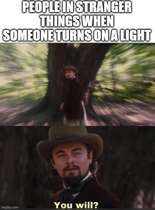 You will? Leonardo, django | PEOPLE IN STRANGER THINGS WHEN SOMEONE TURNS ON A LIGHT | image tagged in you will leonardo django | made w/ Imgflip meme maker