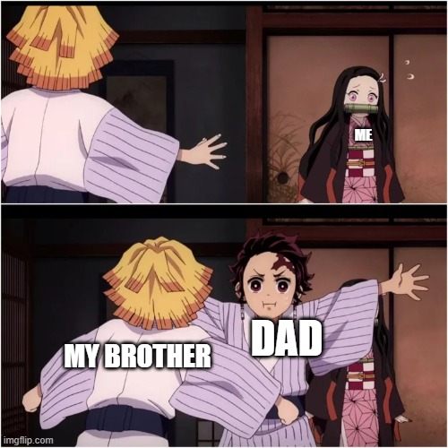 my brother trying to hit me | ME; DAD; MY BROTHER | image tagged in tanjiro blocks nezuko | made w/ Imgflip meme maker
