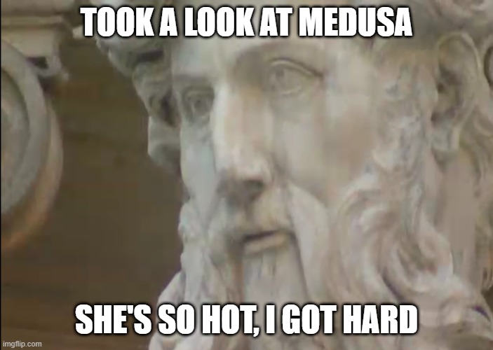 Rock Hard | TOOK A LOOK AT MEDUSA; SHE'S SO HOT, I GOT HARD | image tagged in statue man | made w/ Imgflip meme maker