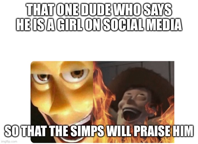 Satanic Woody | THAT ONE DUDE WHO SAYS HE IS A GIRL ON SOCIAL MEDIA; SO THAT THE SIMPS WILL PRAISE HIM | image tagged in satanic woody | made w/ Imgflip meme maker