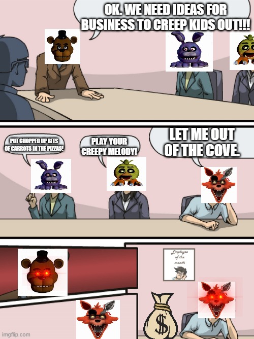 Boadroom Meeting Employee of the Month | OK. WE NEED IDEAS FOR BUSINESS TO CREEP KIDS OUT!!! LET ME OUT OF THE COVE. PLAY YOUR CREEPY MELODY! PUT CHOPPED UP BITS OF CARROTS IN THE PIZZAS! | image tagged in boadroom meeting employee of the month,fnaf | made w/ Imgflip meme maker