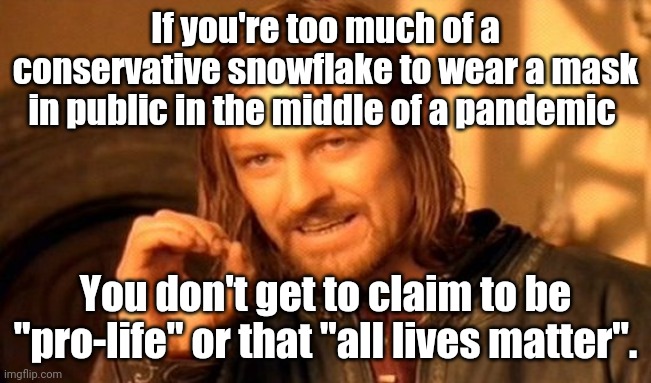 Quit being a bunch of hypocrites. | If you're too much of a conservative snowflake to wear a mask in public in the middle of a pandemic; You don't get to claim to be "pro-life" or that "all lives matter". | image tagged in memes,one does not simply | made w/ Imgflip meme maker
