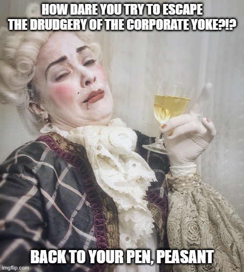 Pompons aristocrat | HOW DARE YOU TRY TO ESCAPE THE DRUDGERY OF THE CORPORATE YOKE?!? BACK TO YOUR PEN, PEASANT | image tagged in pompons aristocrat | made w/ Imgflip meme maker