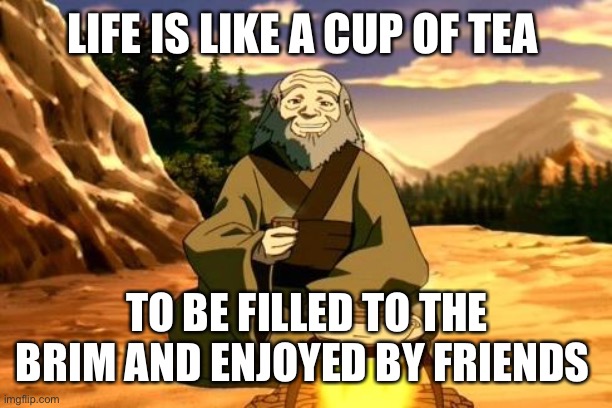 Enlightened Iroh | LIFE IS LIKE A CUP OF TEA; TO BE FILLED TO THE BRIM AND ENJOYED BY FRIENDS | image tagged in enlightened iroh | made w/ Imgflip meme maker