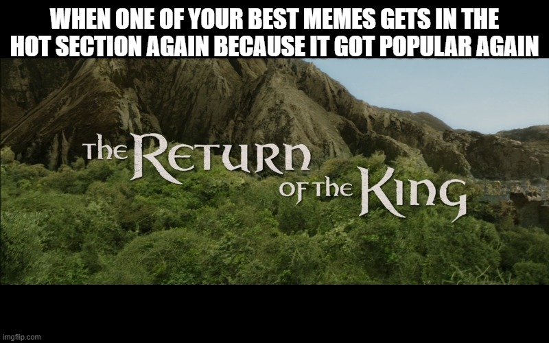 Raydog probably can relate | WHEN ONE OF YOUR BEST MEMES GETS IN THE HOT SECTION AGAIN BECAUSE IT GOT POPULAR AGAIN | image tagged in return of the king,hot memes,raydog | made w/ Imgflip meme maker