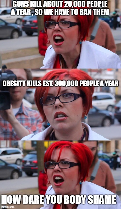 fat lives don't matter | GUNS KILL ABOUT 20,000 PEOPLE A YEAR , SO WE HAVE TO BAN THEM; OBESITY KILLS EST. 300,000 PEOPLE A YEAR; HOW DARE YOU BODY SHAME | image tagged in stupid liberals,liberal logic,lol,funny memes,truth | made w/ Imgflip meme maker