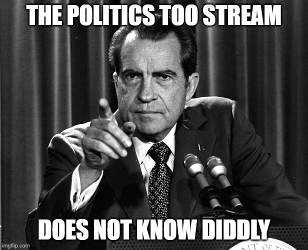 Nixon needs a fight | THE POLITICS TOO STREAM; DOES NOT KNOW DIDDLY | image tagged in nixon,memes,politics,donald trump is an idiot,maga,funny | made w/ Imgflip meme maker