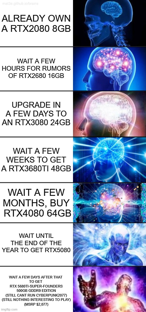7-Tier Expanding Brain | ALREADY OWN A RTX2080 8GB; WAIT A FEW HOURS FOR RUMORS OF RTX2680 16GB; UPGRADE IN A FEW DAYS TO AN RTX3080 24GB; WAIT A FEW WEEKS TO GET A RTX3680TI 48GB; WAIT A FEW MONTHS, BUY
 RTX4080 64GB; WAIT UNTIL THE END OF THE YEAR TO GET RTX5080; WAIT A FEW DAYS AFTER THAT 
TO GET 
RTX 5680TI-SUPER-FOUNDERS 500GB GDDR9 EDITION
(STILL CANT RUN CYBERPUNK2077)
(STILL NOTHING INTERESTING TO PLAY)

(MSRP $2,077) | image tagged in 7-tier expanding brain | made w/ Imgflip meme maker