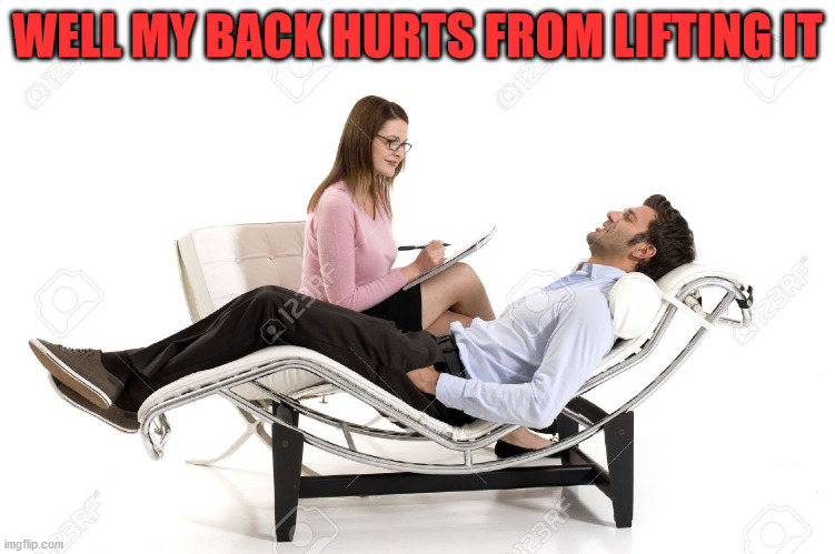Therapist | WELL MY BACK HURTS FROM LIFTING IT | image tagged in therapist | made w/ Imgflip meme maker